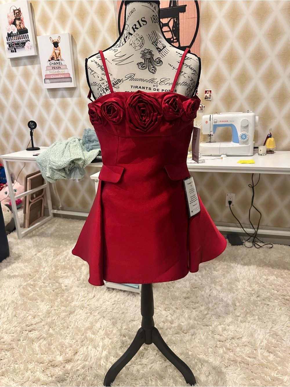 Red Rose-Trim Formal Girls' Dress with Spaghetti Straps